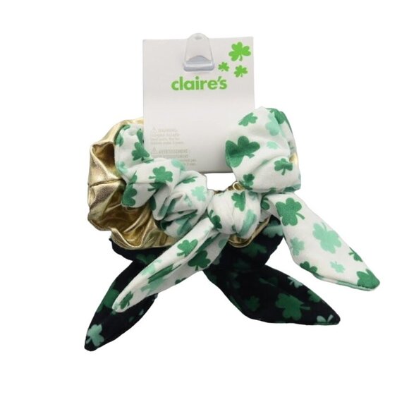 Claire St Patricks Day Hair Scrunchies 3 Pack Shamrocks Gold Lame - Picture 1 of 3